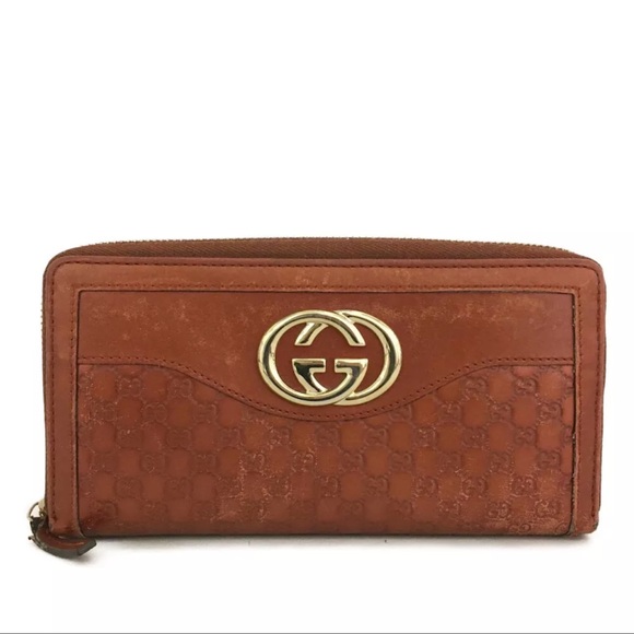 GUCCI Interlocking G Micro Ssima GG Logo Leather Zip Around Long Wallet/4X0998